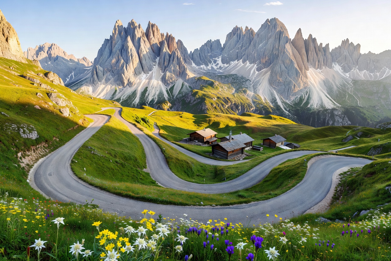 En fjellpassvei som slynger seg i hårnålssvinger gjennom alpine enger under taggete dolomittopper, med trehytter nedenfor