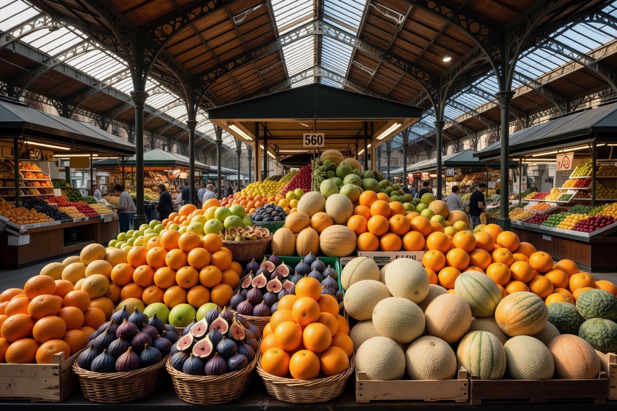 En fruktbod full av appelsiner, fiken og meloner under jerntaket i Barcelonas overbygde marked