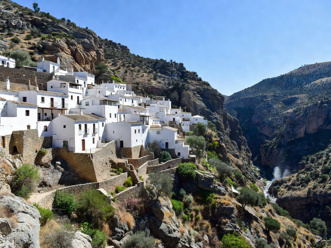 En hvitkalket andalusisk landsby som klamrer seg til en fjellside over en dyp kløft under klar himmel