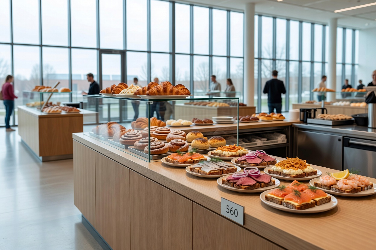 En mathall med glassvegger i København med en bakeridisk og smørrebrød utstilt