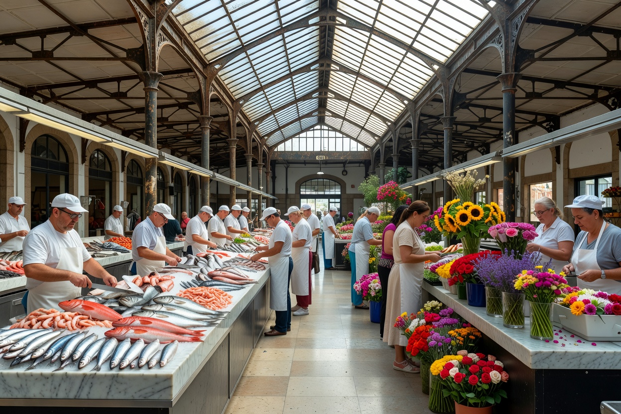 En restaurert markedshall i Porto med ferskfiskdisker og blomsterboder under et glasstak