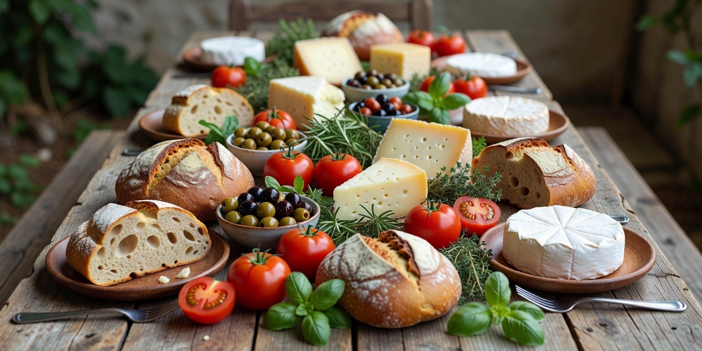 Et langt gårdsbord dekket med brød, ost, tomater, oliven og urter til en felles lunsj i mykt dagslys