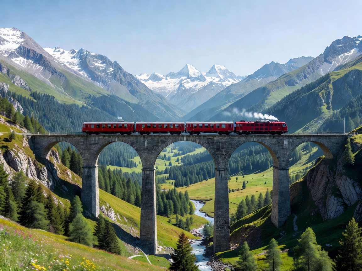 Et rødt fjelltog som krysser en steinviadukt høyt over en alpedal