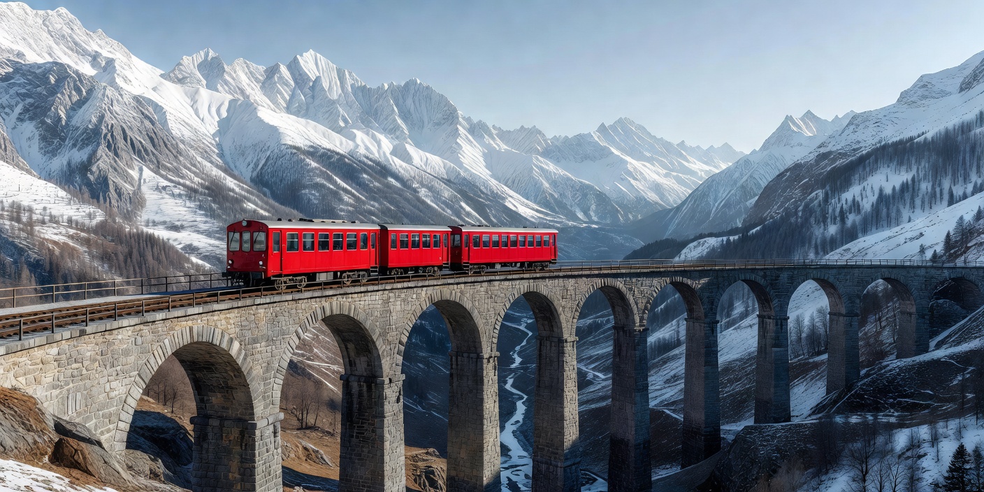 Et rødt smalsporet tog som krysser en buet steinviadukt over en alpedal med snødekte topper bak