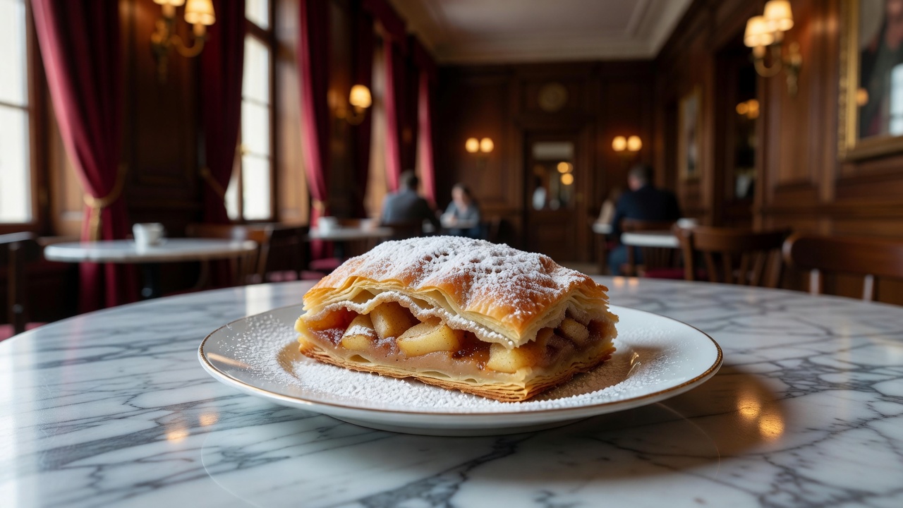 Et stykke eplestrudel drysset med sukker på et marmorbord i et tradisjonelt wiensk kaffehus
