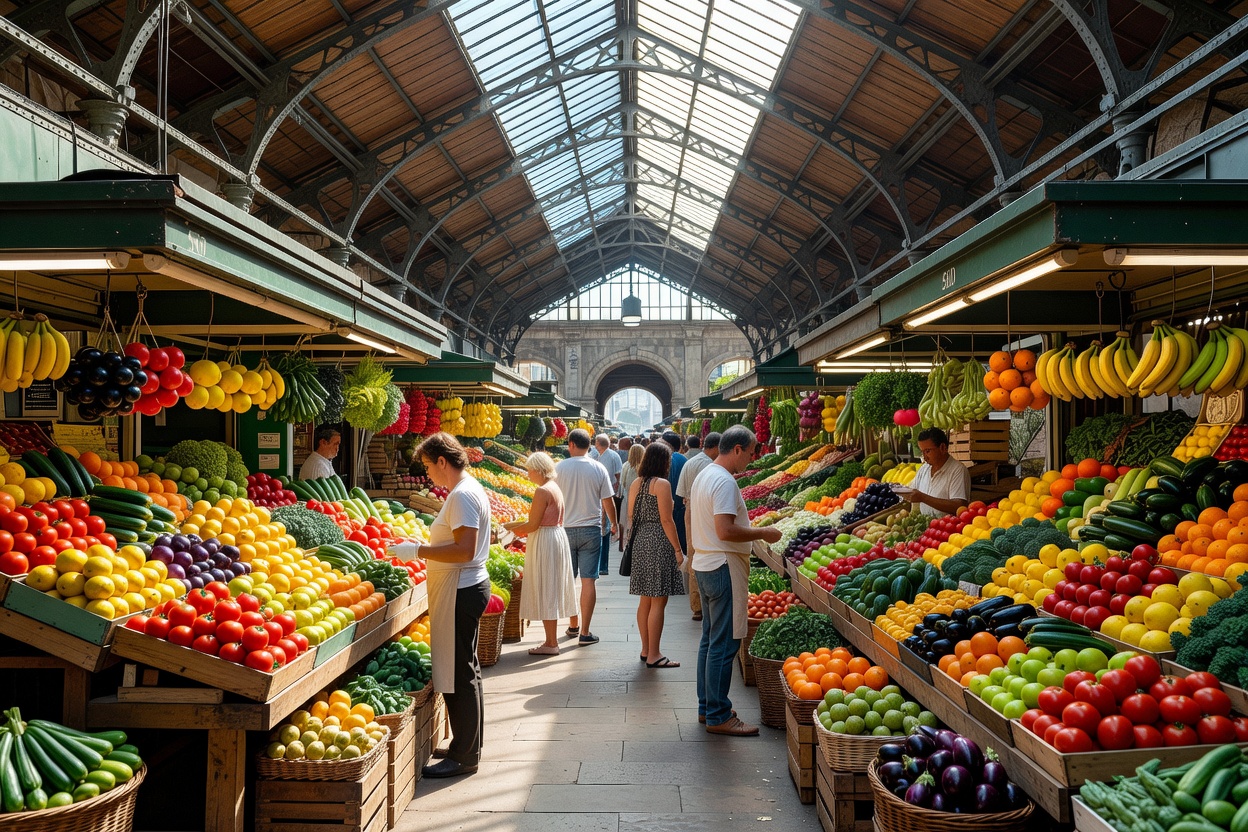Fargerike frukt- og grønnsaksboder under jerntaket i en overbygd markedshall i Barcelona