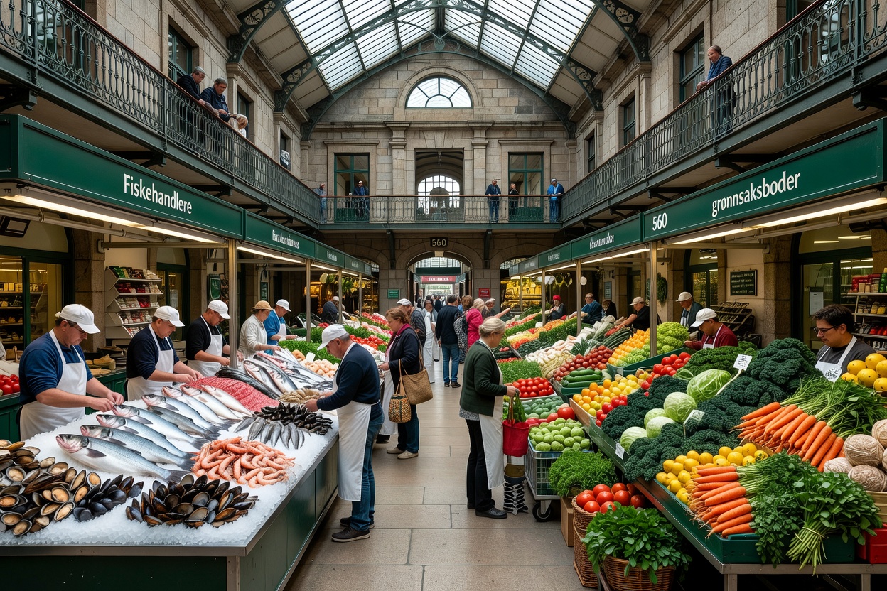 Fiskehandlere og grønnsaksboder i den restaurerte toetasjes Bolhão-markedshallen i Porto