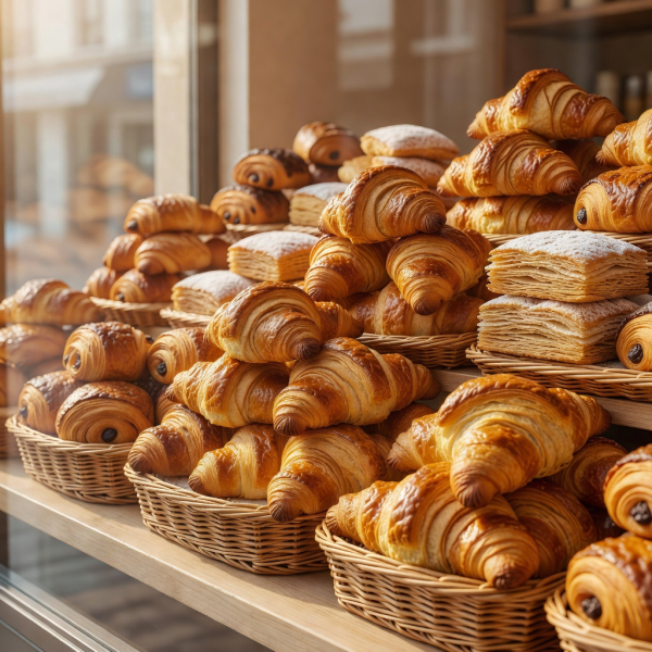 Gylne croissanter og lagdelte bakverk utstilt i et bakerivindu