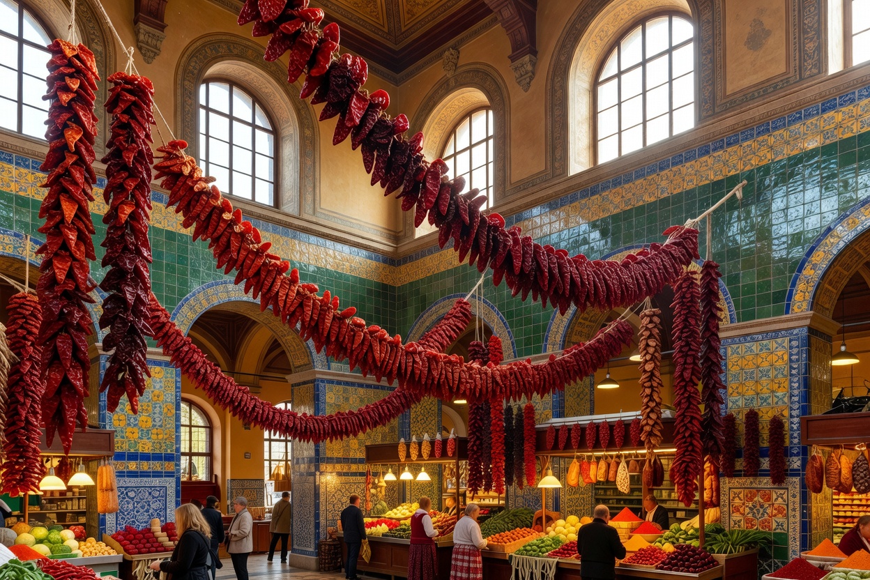 Kranser av tørket rød paprika som henger over bodene inne i Budapests flislagte Store markedshall