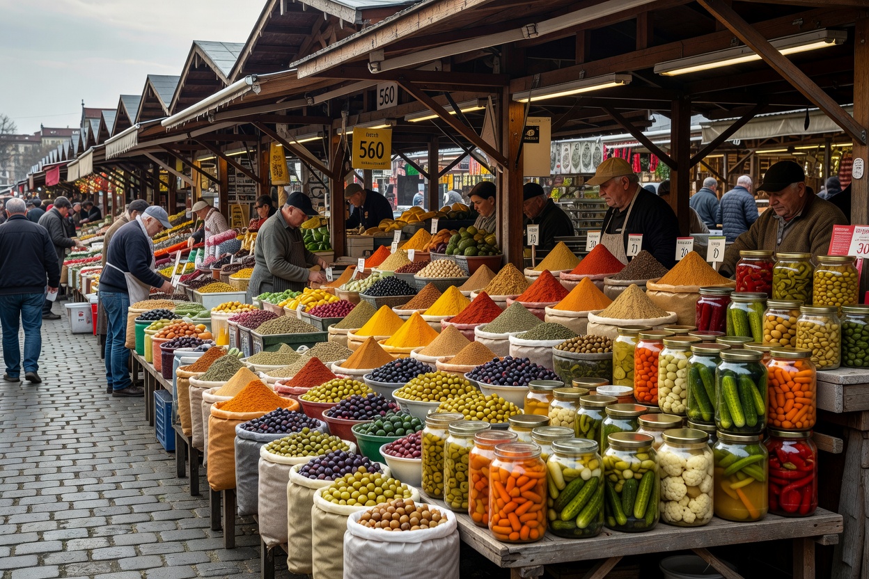 Markedsboder fylt med krydder, oliven og syltede grønnsaker langs Wiens lange utendørs Naschmarkt