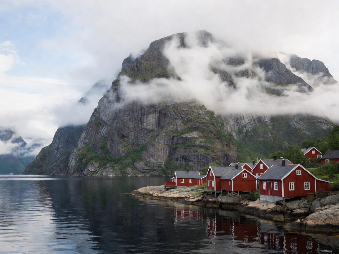 Røde trehus ved kanten av en dyp fjord med bratte klipper som stiger opp i lavt skydekke