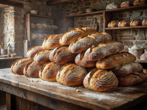 Rustikke, nybakte brød stablet på en tredisk i et bakeri