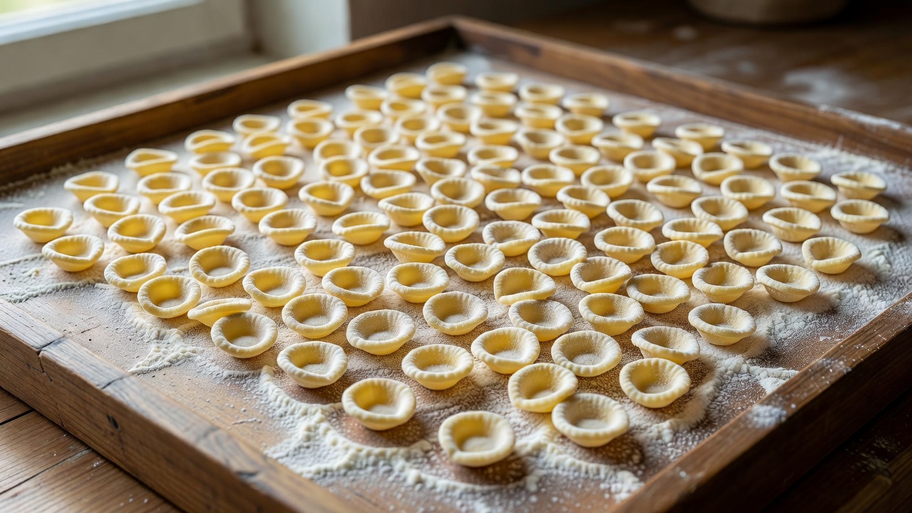 Små håndlagde orecchiette som tørker på et trebrett strødd med semulemel