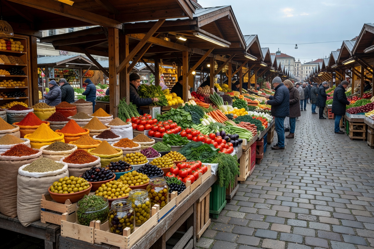 Utendørs markedsboder fylt med krydder, oliven og grønnsaker langs en lang markedsgate i Wien